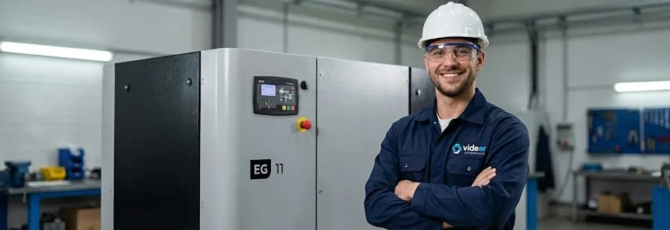 Técnico realizando manutenção preventiva e corretiva em compressor de ar industrial
