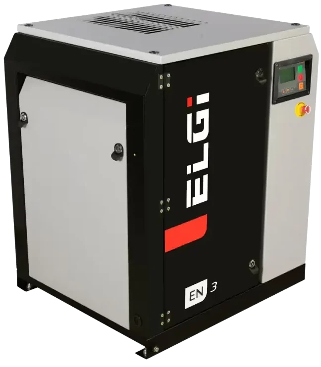 Compressor de parafuso ELGi Série EN com foco em operação silenciosa e instalação próxima ao ponto de uso.