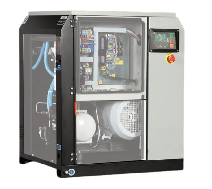 Compressor de parafuso ELGi Série EN com tecnologia encapsulada, utilizado para reduzir vazamentos e facilitar manutenção industrial.