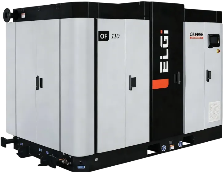 Compressor de ar parafuso isento de óleo ELGi Série OF, Classe Zero, faixa de 90 kW a 450 kW para processos críticos.