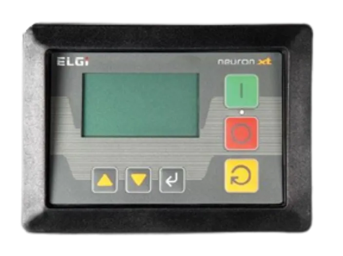 Controlador Neuron XT da ELGi na Série EN, com monitoramento digital e alertas de manutenção preditiva.