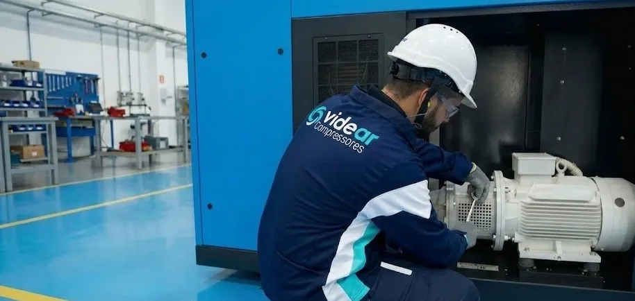 Equipe técnica da Videar destacando eficiência energética em sistemas de ar comprimido