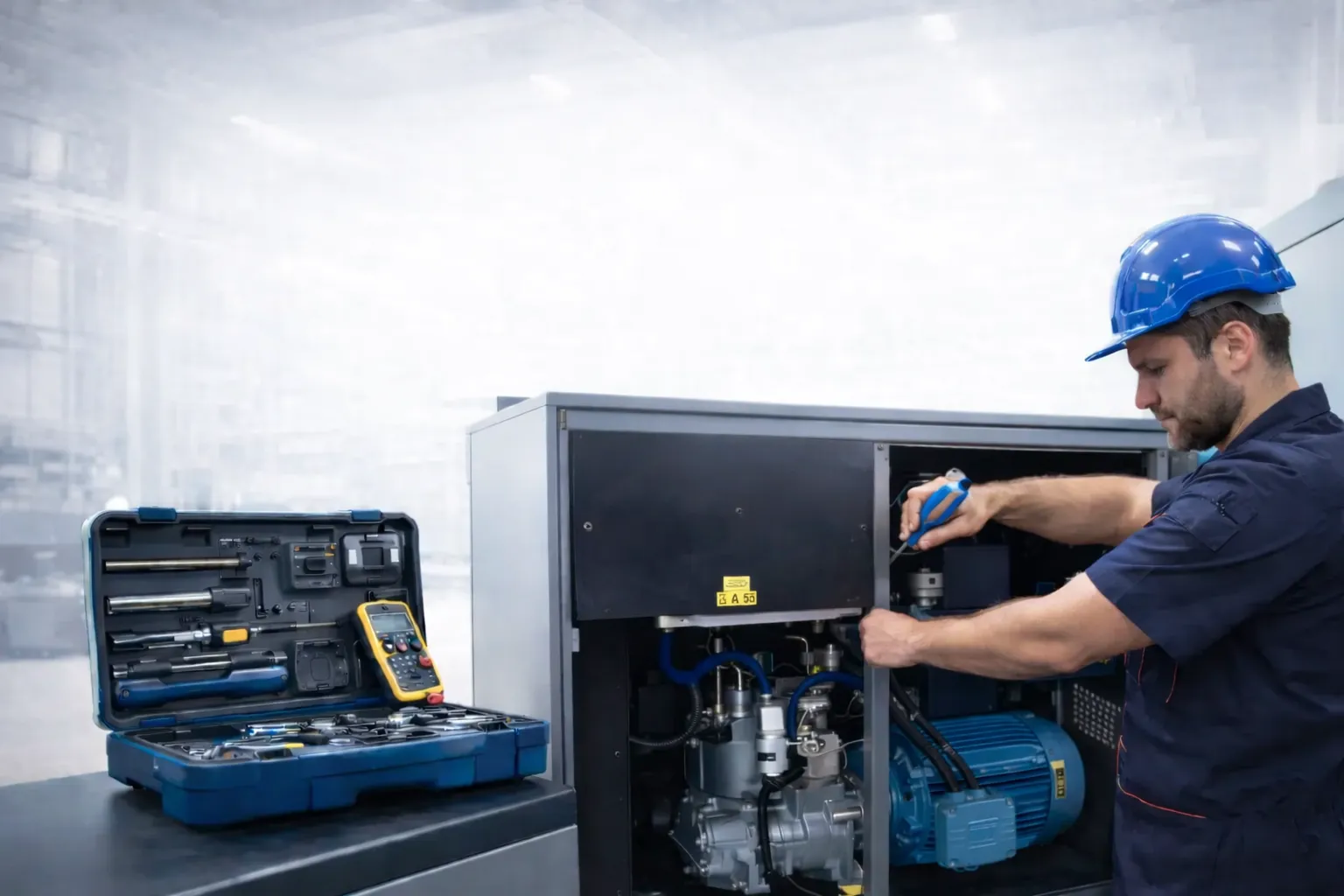 Técnico realizando manutenção em compressor industrial, serviço multimarcas em Santa Catarina.